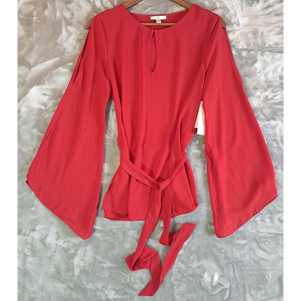 NWT Halston Heritage Blouse Womens M Red Keyhole‎ Split Flared Sleeve Tie Waist